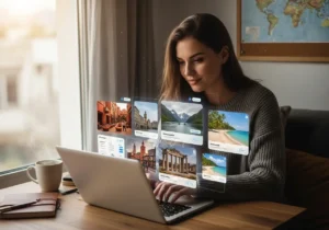 Nainen istuu pöydällä, tietokone edessään ja kartta näkyvissä näytöllä